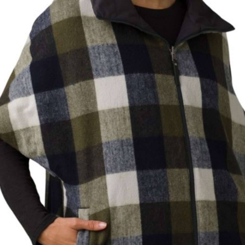 Prana Women's North Royal Plaid Wool Jacket Vest Black White, Olive Outdoor Sz L